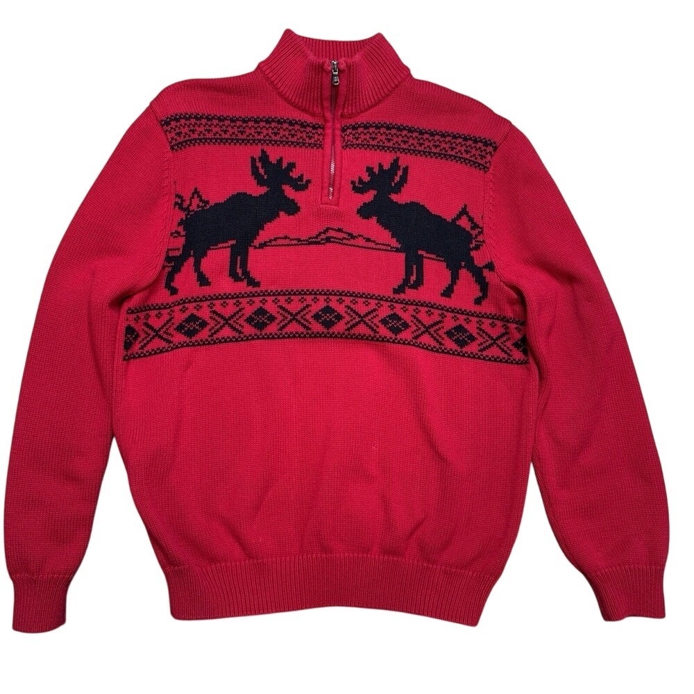 Chaps Quarter Zip Sweater Mens Large Red Moose Fair Isle Cotton Pullover Classic